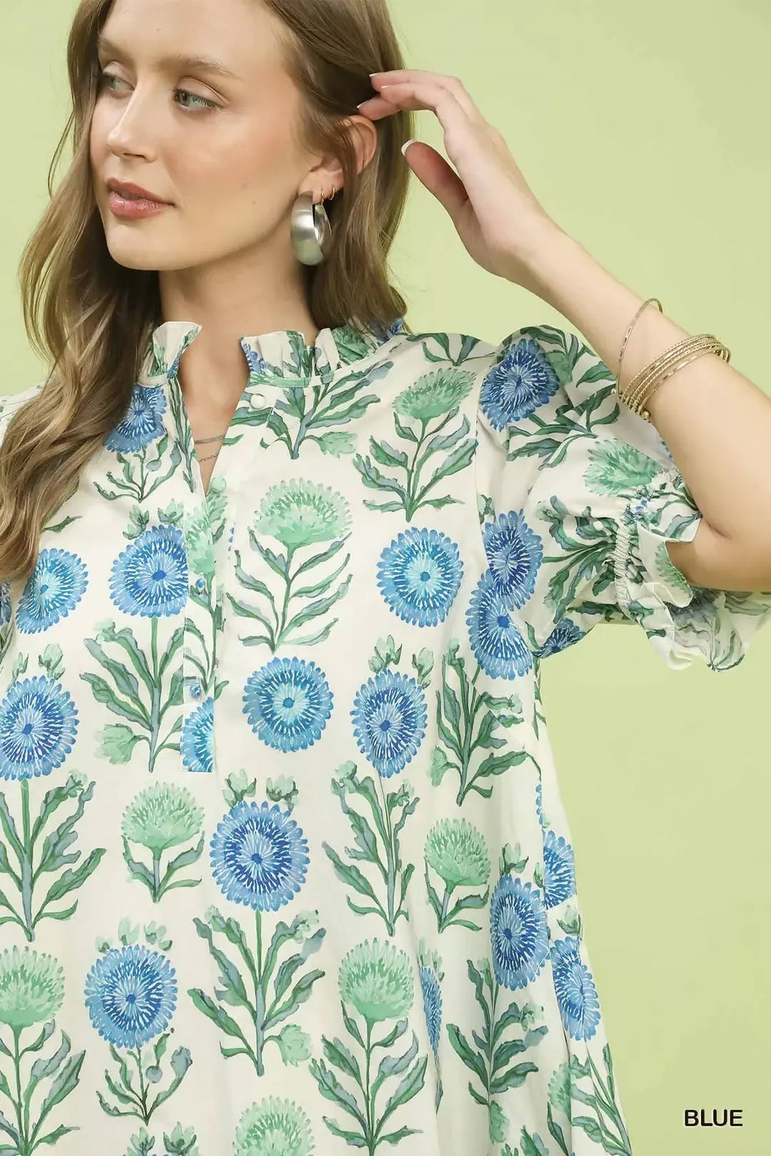 Close-up of blue floral babydoll dress neckline with puff sleeve detail