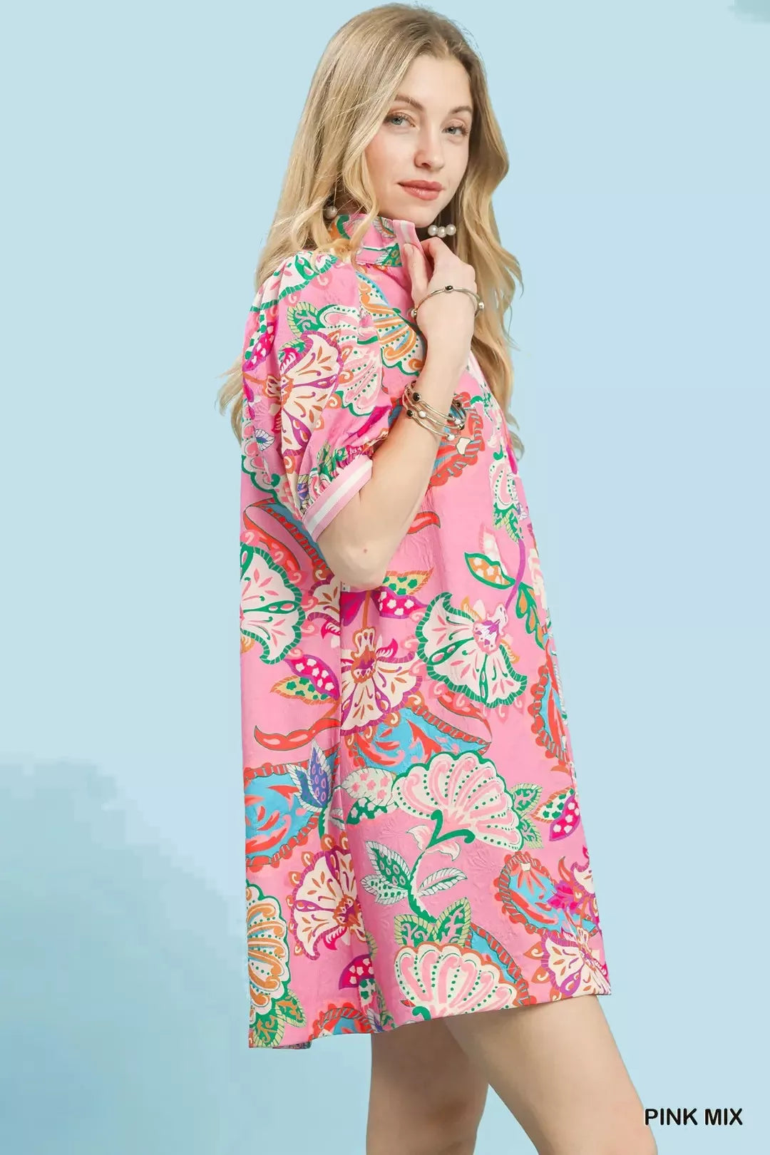 Pink Mix paisley print tunic dress with side view, puff sleeves and collar