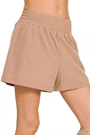 Cocoa soft woven lined shorts with elastic waistband and stitched side seams