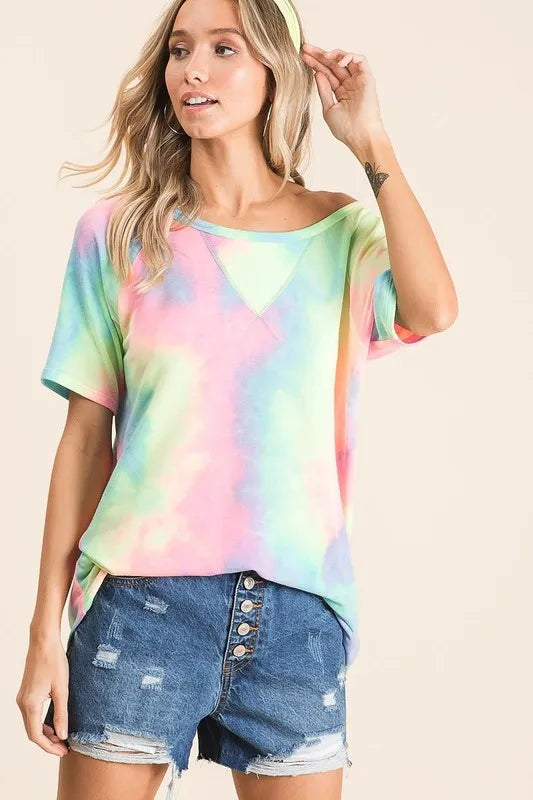 Pastell-Tie-Dye French Terry Top mit Raffung am Halsausschnitt und kurzen Ärmeln