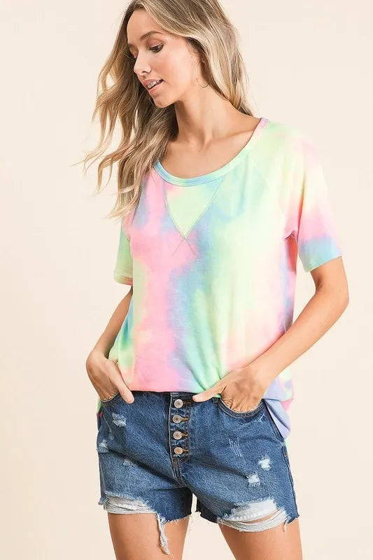 Tie-Dye French Terry Top mit Pastellverlauf, kurze Ärmel, locker fallendes Vorderteil