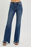 Dark blue mid-rise flare jeans with frayed hem, plus size
