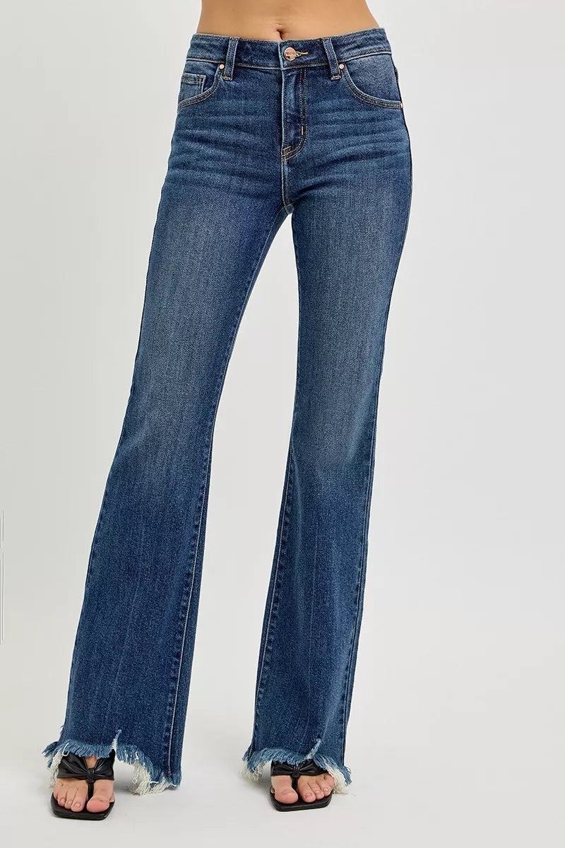 Dark blue mid-rise flare jeans with frayed hem, plus size