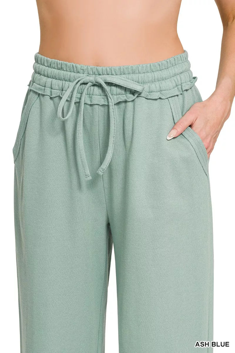 Ash blue French terry wide-leg sweatpants with drawstring waistband and side pocket