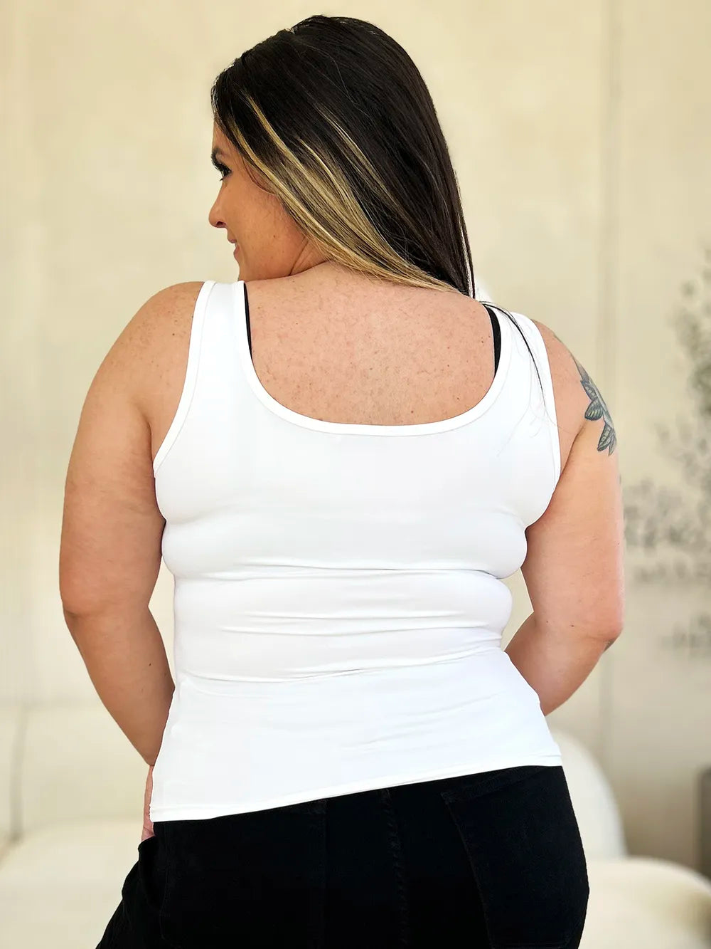 White full-size square-neck wide-strap tank, back view with scooped neckline.