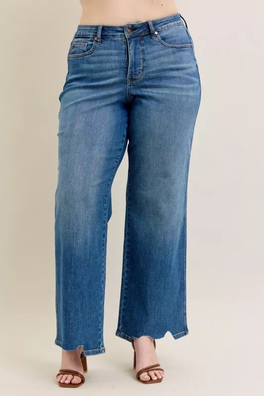 High-waist wide-leg jeans with straight front seam and destroyed hem
