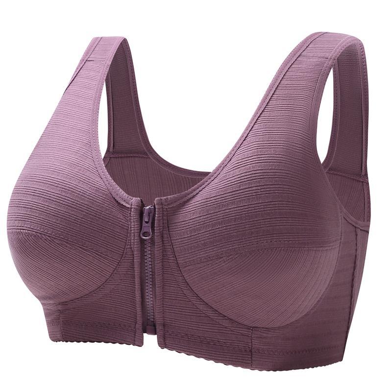 Underwire vest-style bra, deep mauve purple with front zipper closure