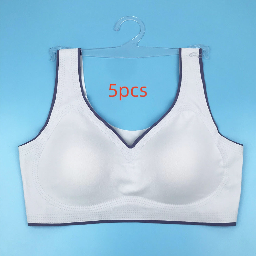 White seamless back bra with V-neckline and wide straps, flat lay on hanger