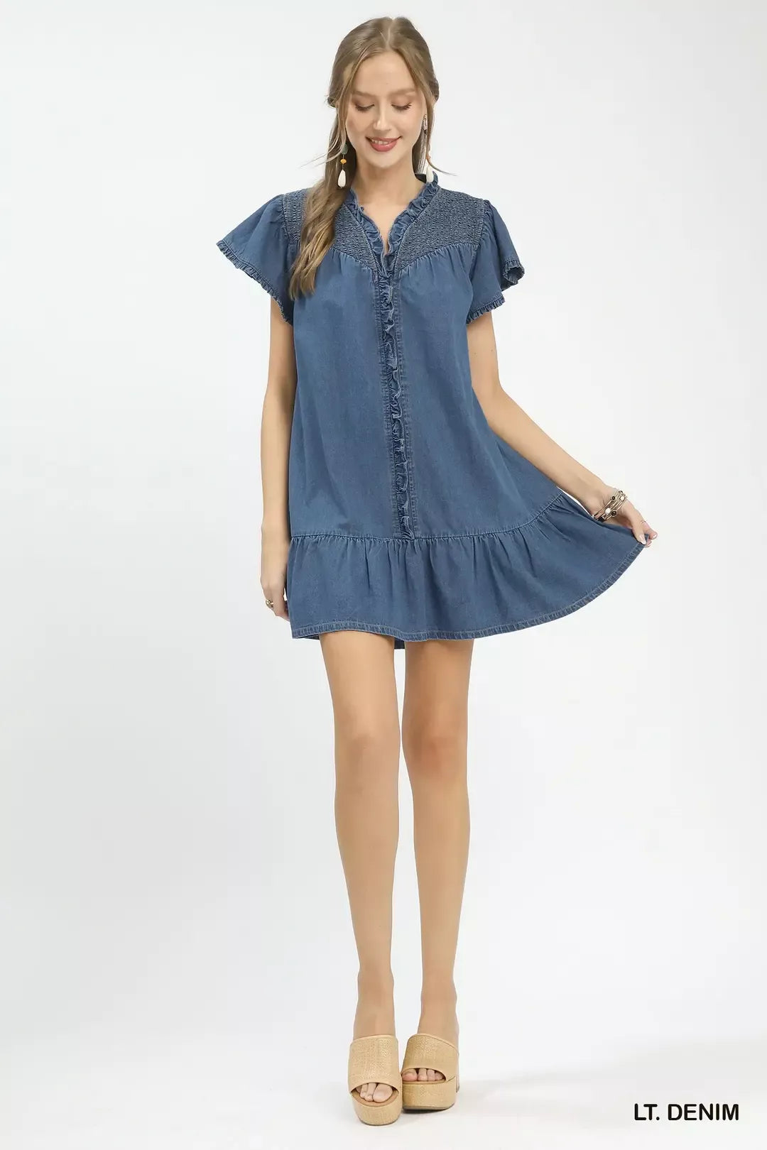 Washed denim mini dress with ruffle sleeves and gathered skirt hem