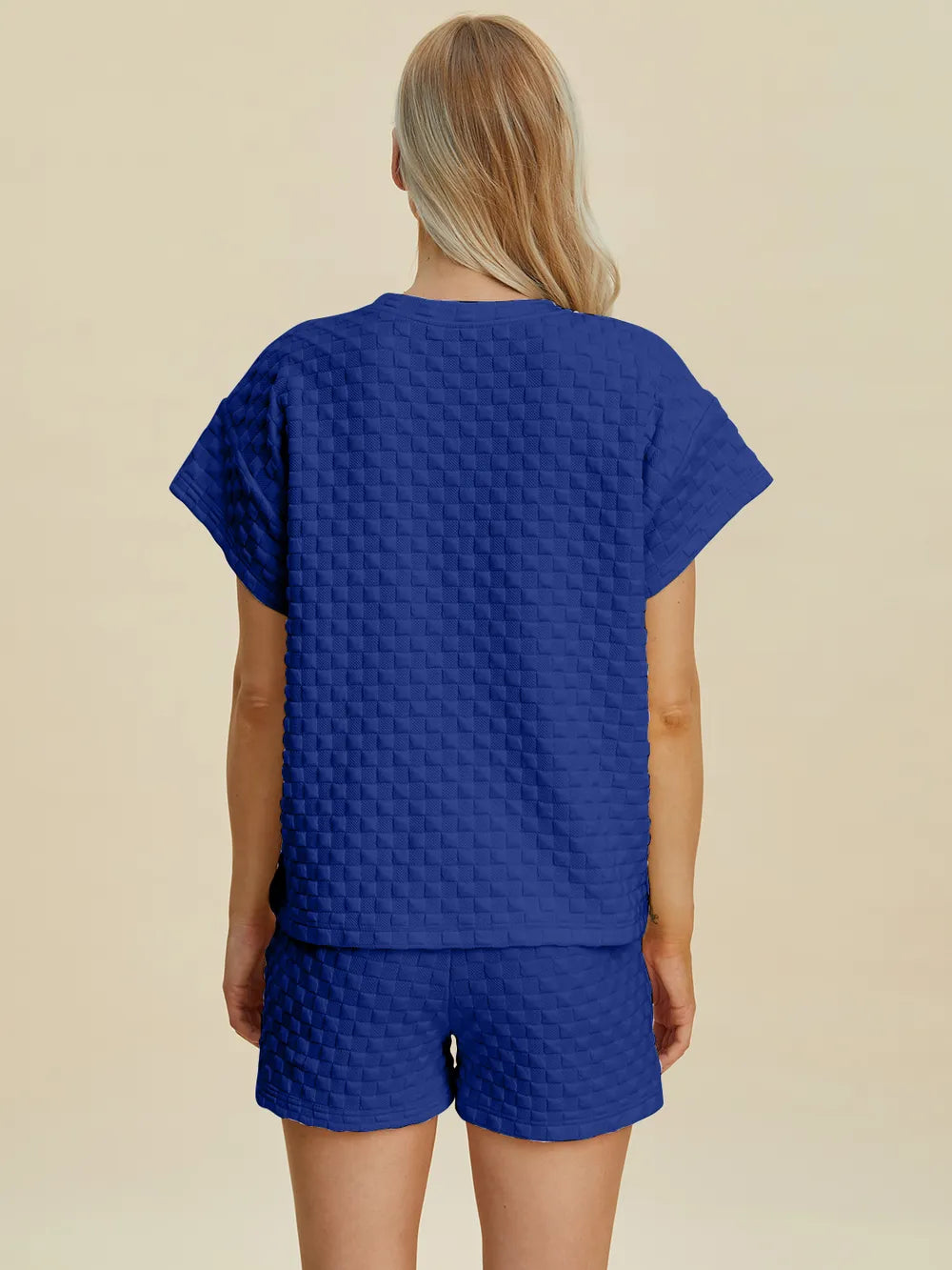 Kobaltblaues T-Shirt und Shorts-Set, Rückansicht mit Rundhalsausschnitt