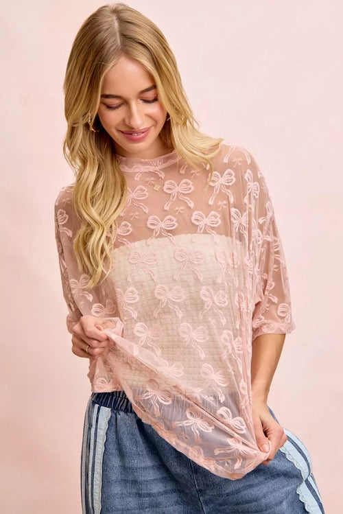 Dusty rose bow-pattern mesh top, boxy short sleeves, round neck