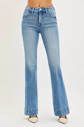 Mittelblaue Mid-Rise Flare-Jeans, 4-Wege-Stretch, helle Waschung