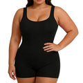 Black compression waist trainer bodysuit with scoop neck and high-leg shorts
