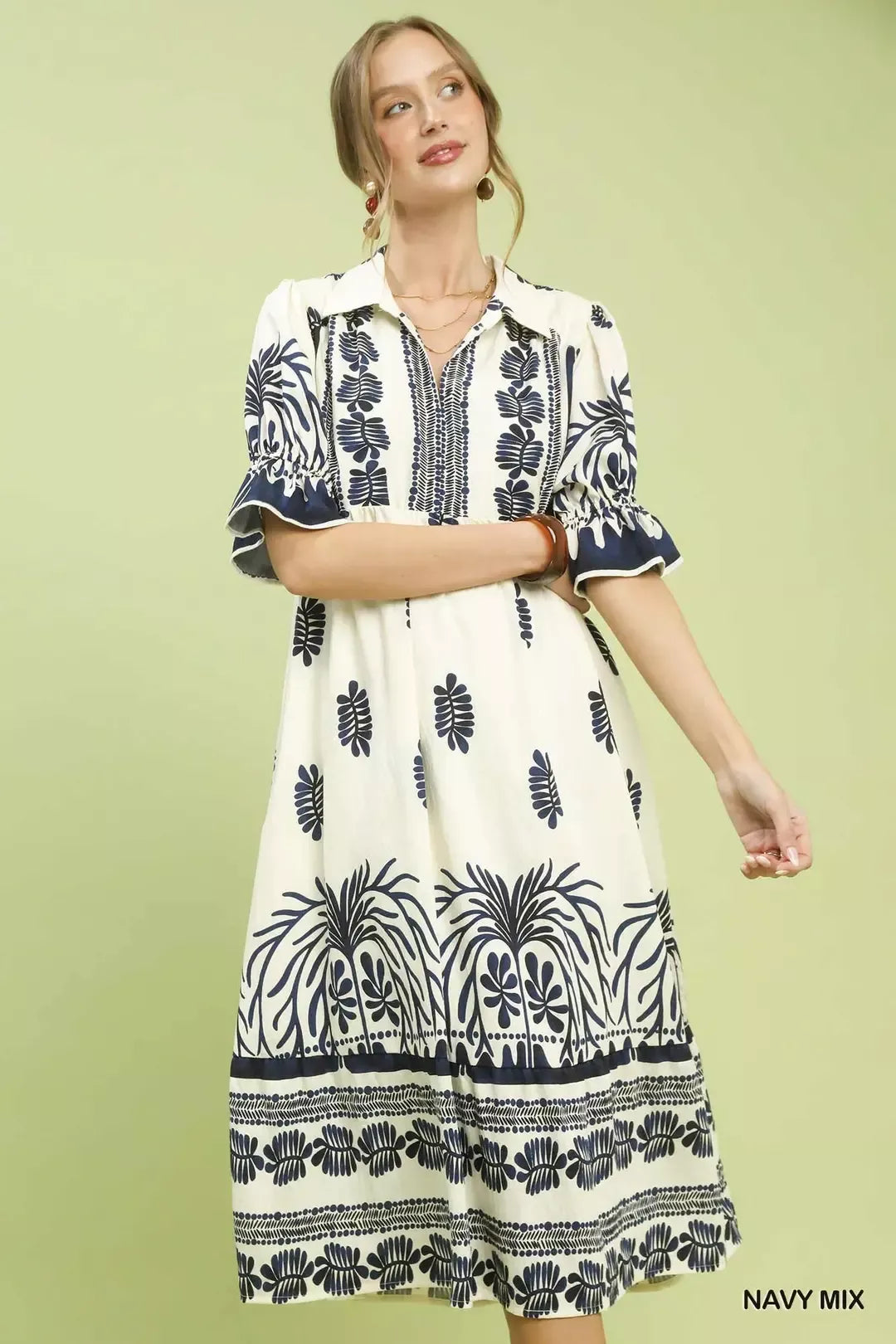 Midikleid mit Puffärmeln, Navy-Mix Blumenrandprint, weiß mit dunkelblauen Mustern