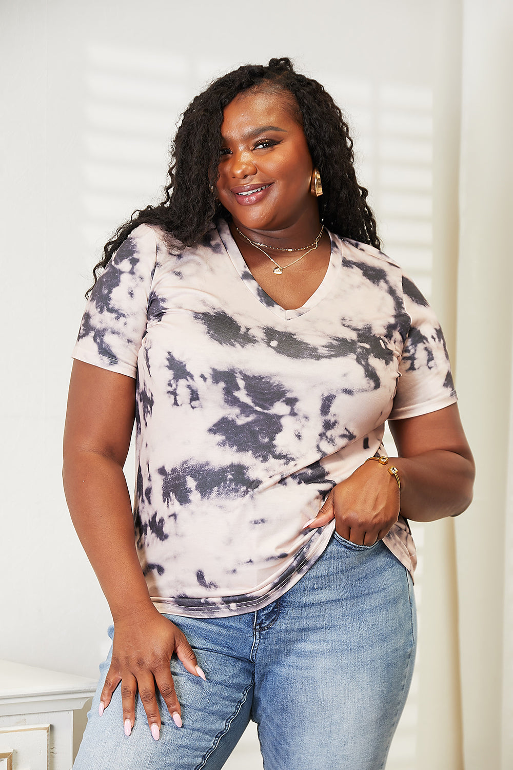 Double Take tie-dye V-neck T-shirt, V-neckline and short sleeves, side angle