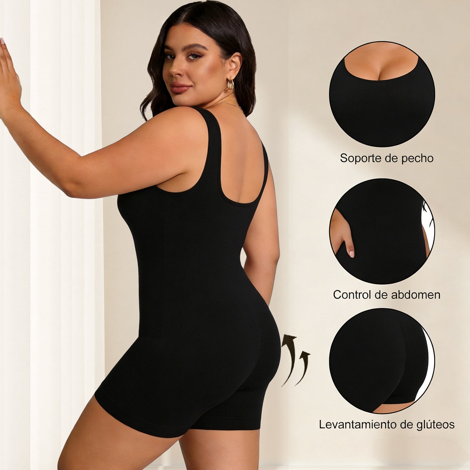 Black womens compression waist trainer bodysuit in back view with scoop neckline and shorts