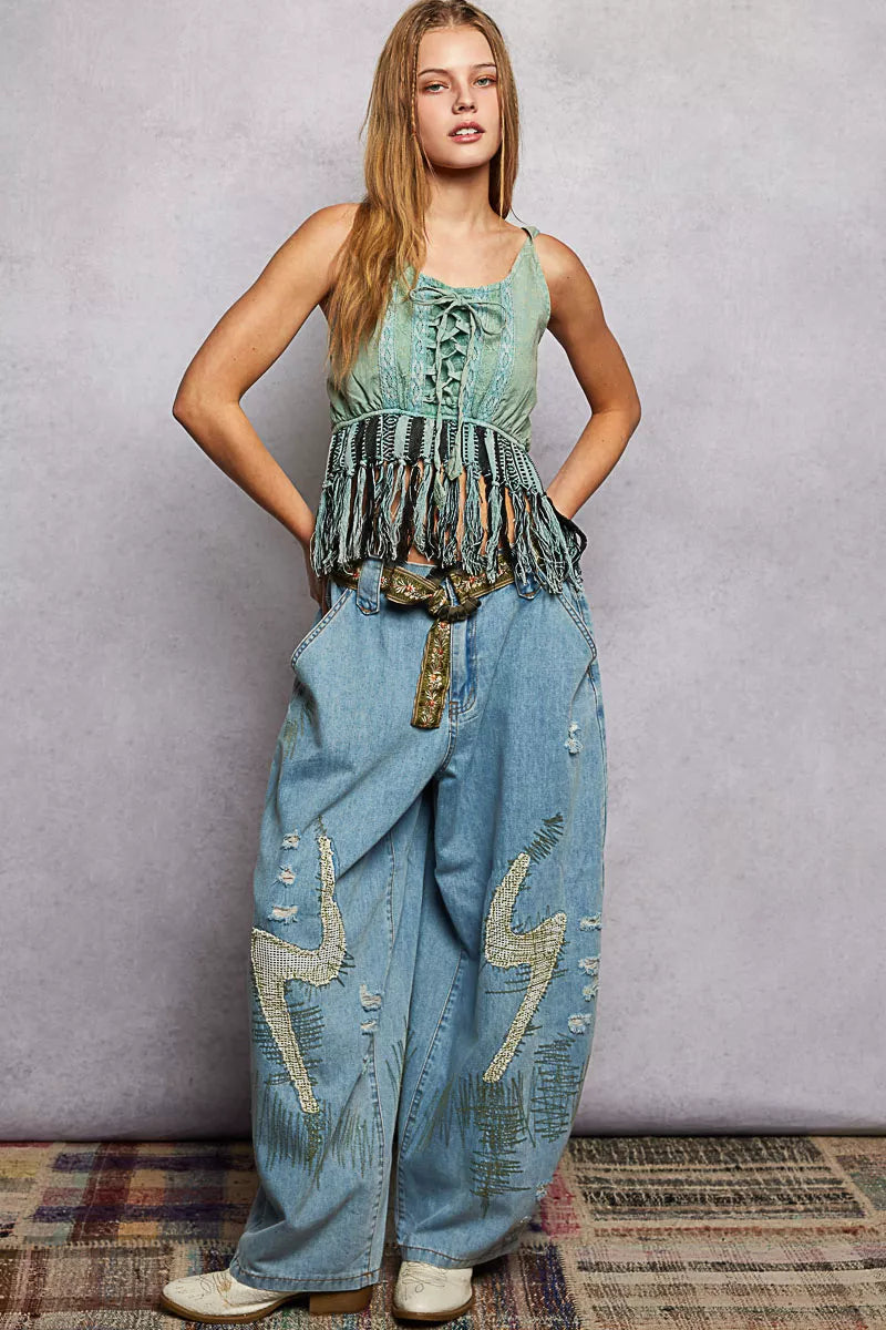 Sage lace-up fringe hem tank top with wide embroidery and tassel trim