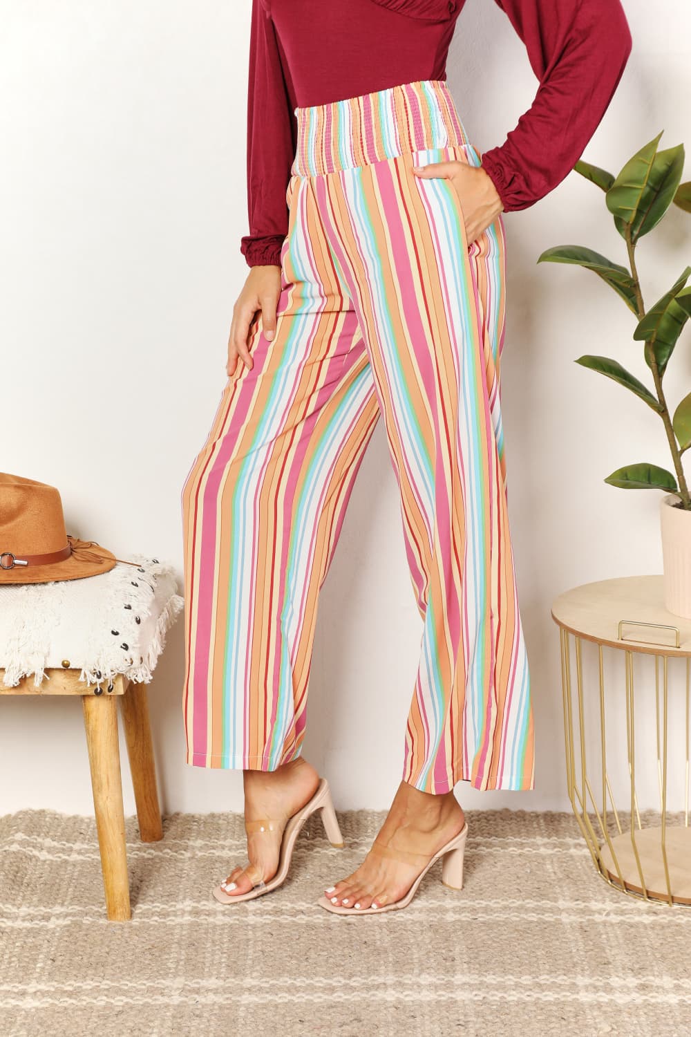 Multicolor vertical stripe pants with smocked waist and roomy straight legs