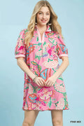 Umgee tunic dress in Pink Mix with paisley print, puff sleeves, button-up neckline