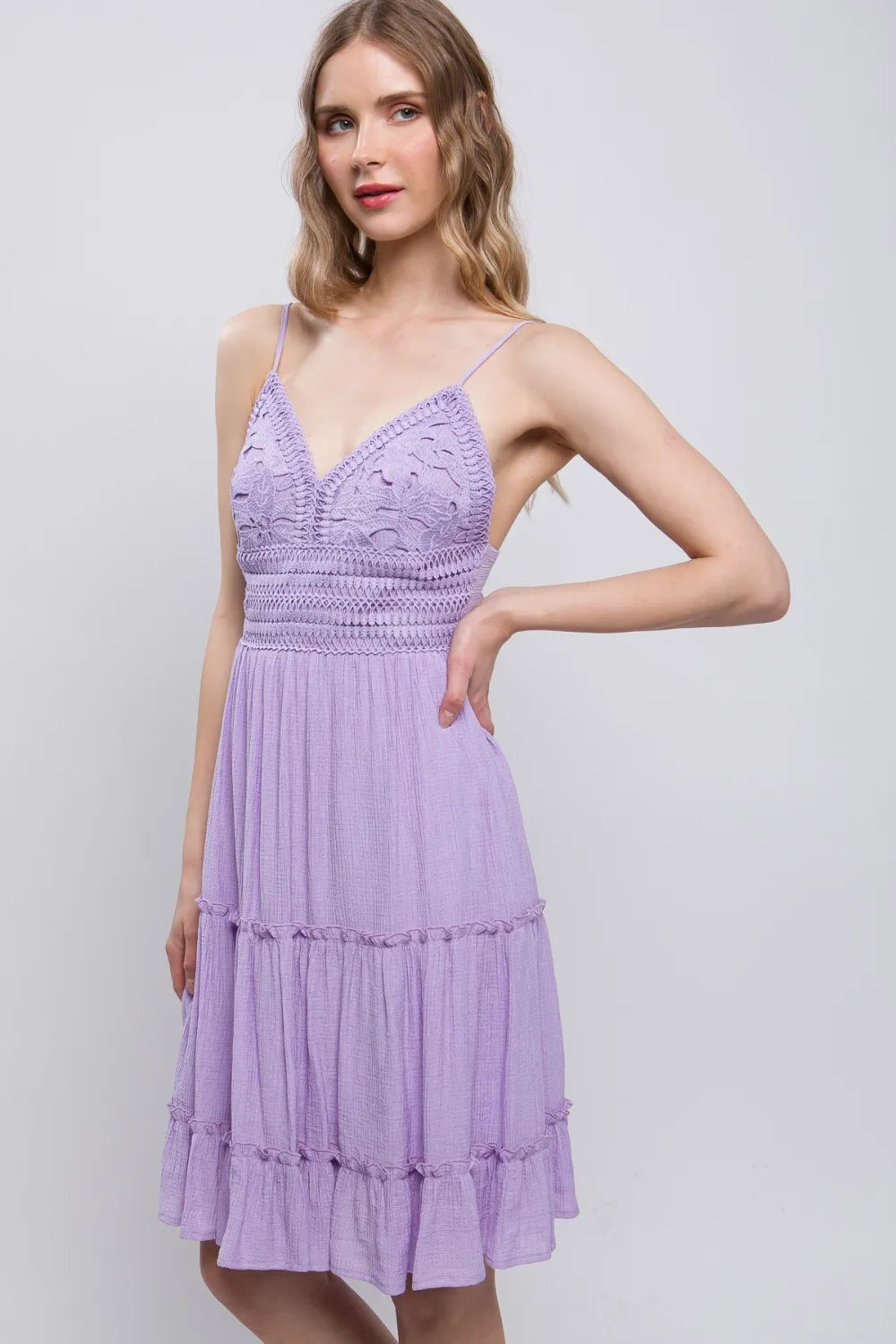Lavender V-neck mini cami dress with scalloped lace bodice and tiered ruffles