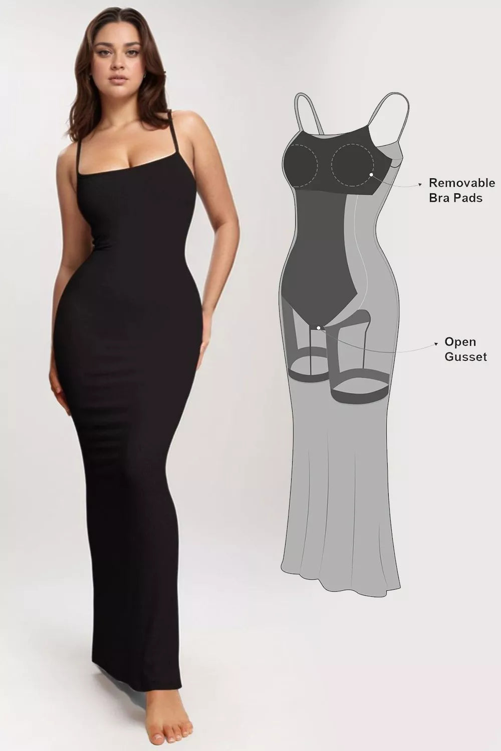 Black sleeveless maxi shapewear dress with built-in bra and open gusset