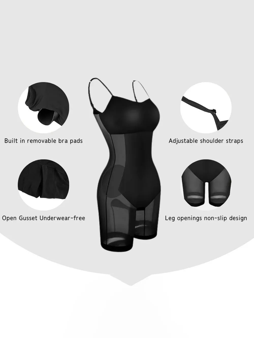 Shapewear dress details: removable bra pads, open gusset, non-slip leg openings