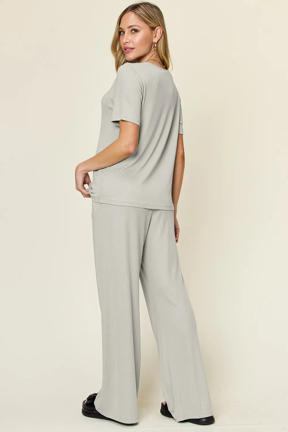Light Gray T-shirt and wide-leg pants set from the back