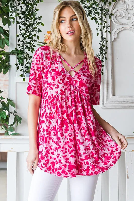 Crisscross V-neck babydoll top, hot pink animal print, short sleeves