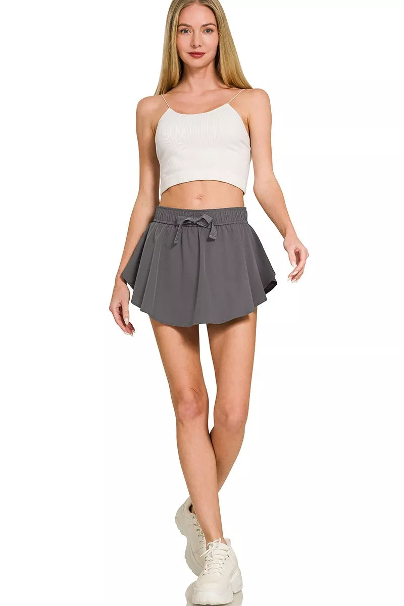 Zenana soft woven active skort in ash grey with elastic waist and bow tie