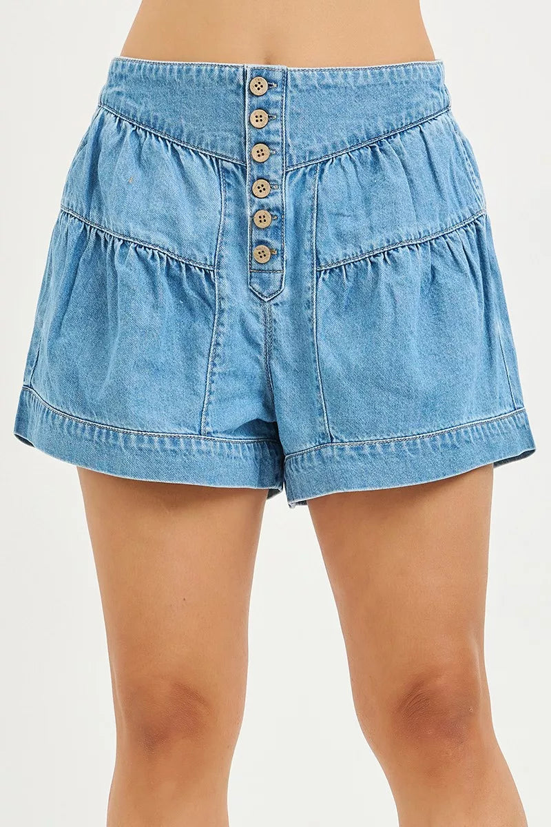 Slouchy Denim-Shorts mit elastischem Bund, Knopfleiste vorn und gerafften Längspaneelen, Medium