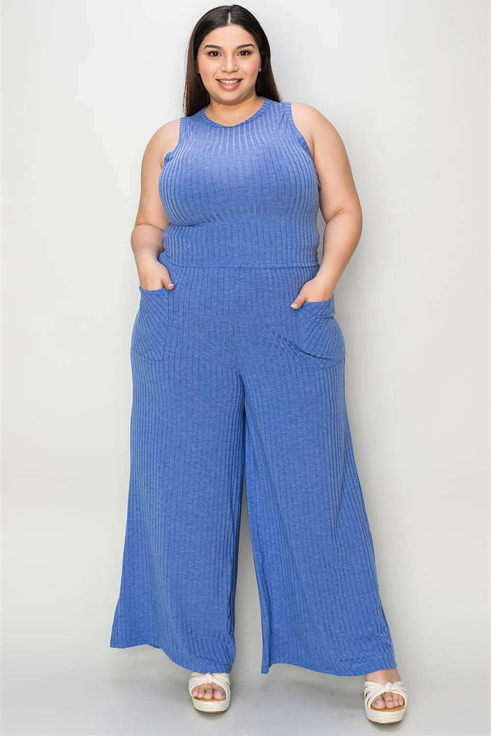 Blue ribbed sleeveless tank and wide-leg pants set with side pockets