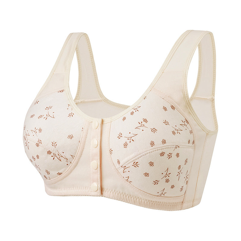 Printed wireless bra with wide straps, front button closure, ivory floral pattern
