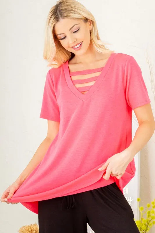Neon pink V-neck T-shirt with striped bar neckline cutout and short sleeves