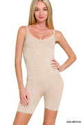Stone-washed ribbed seamless romper, Ash Mocha, sleeveless square neckline