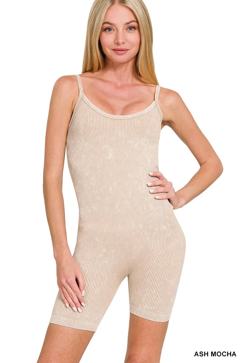 Stone-washed ribbed seamless romper, Ash Mocha, sleeveless square neckline