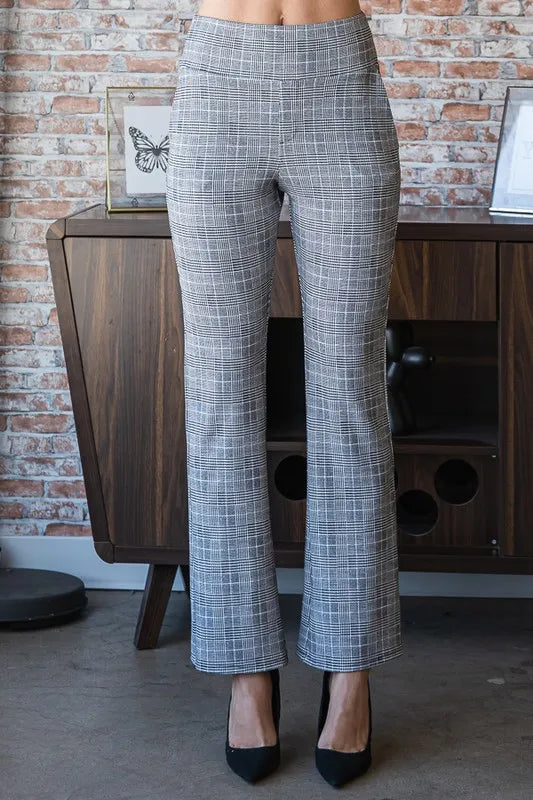 Gray plaid flare pants back view with wide waistband and wide-leg hem