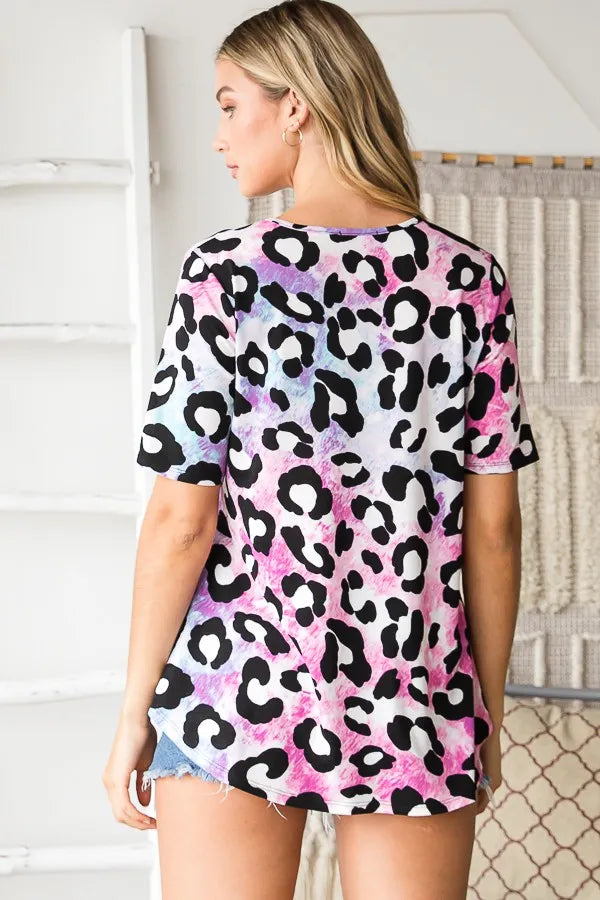 Back view of animal print babydoll top with crisscross V-neck opening, short sleeves