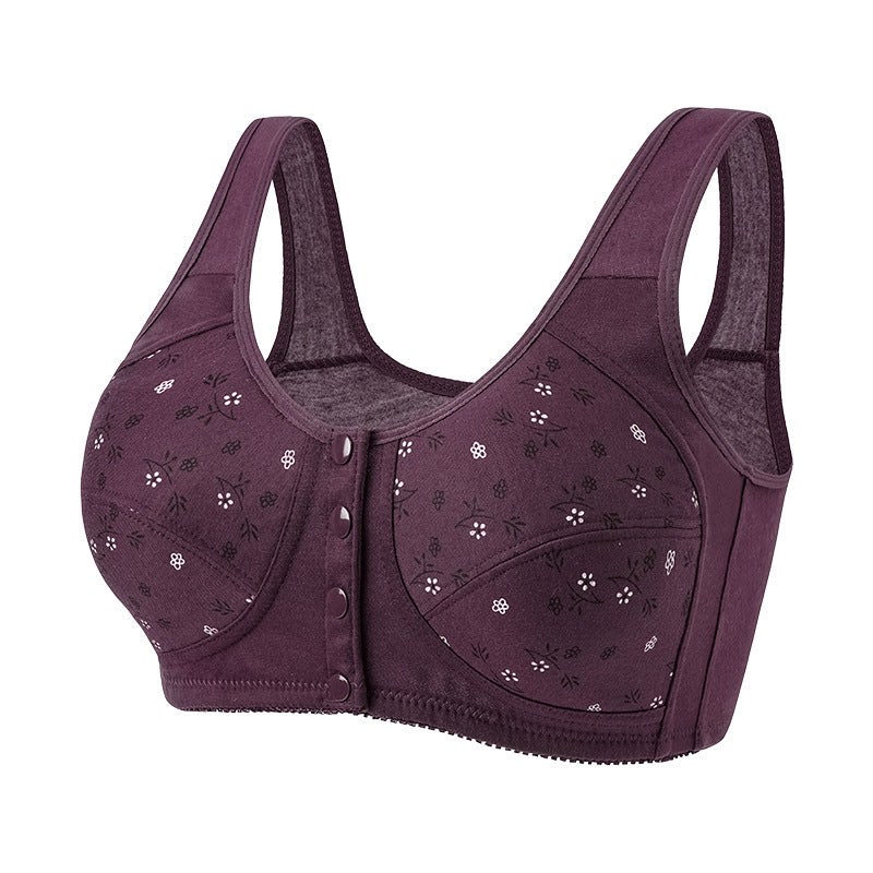 Printed wireless bra with wide straps, front button closure, dark purple floral pattern