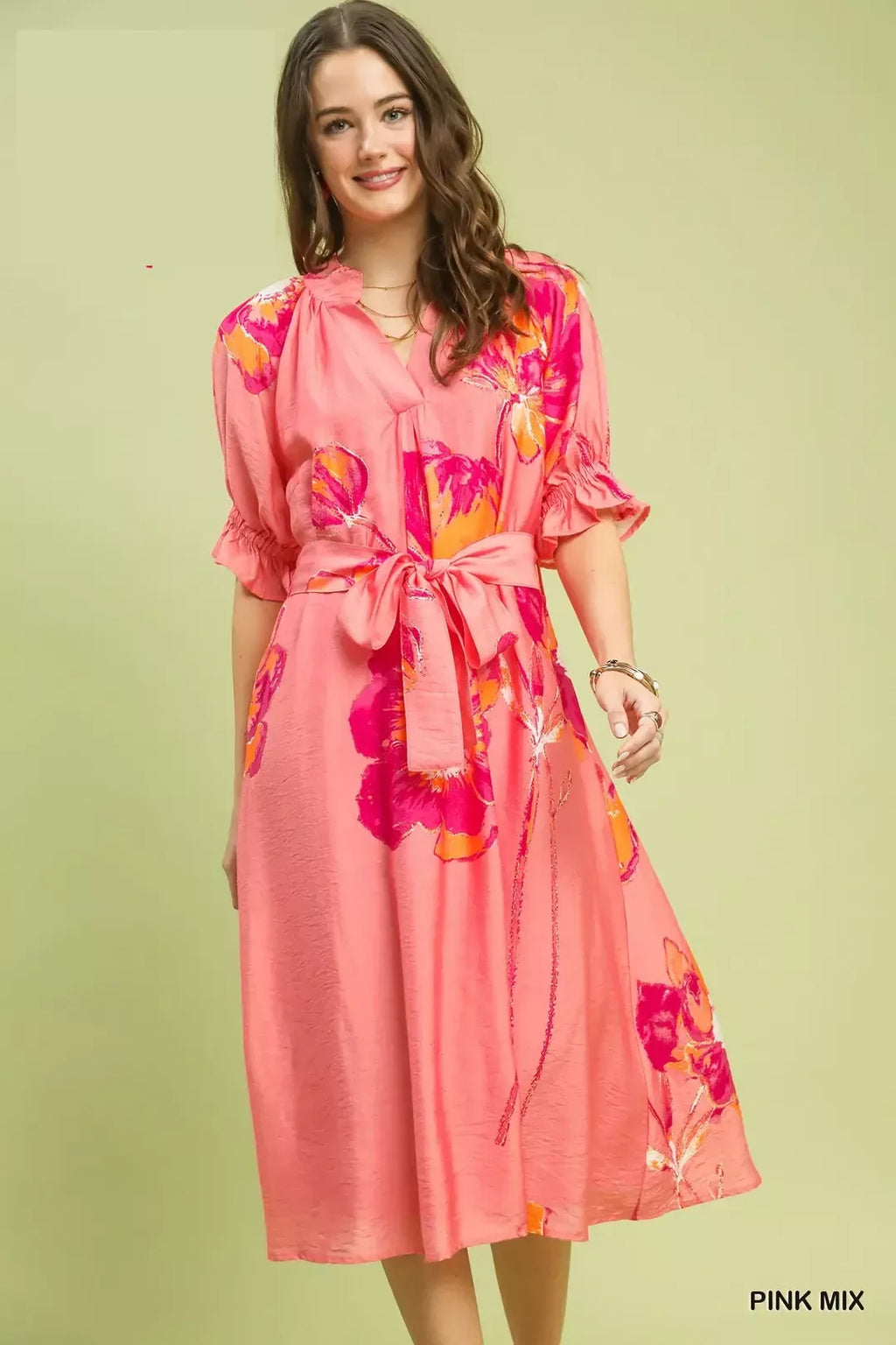 Umgee Floral Midi Dress, Pink Mix, Tie Belt, Flounce Sleeves