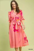 Umgee Floral Midi Dress, Pink Mix, Tie Belt, Flounce Sleeves