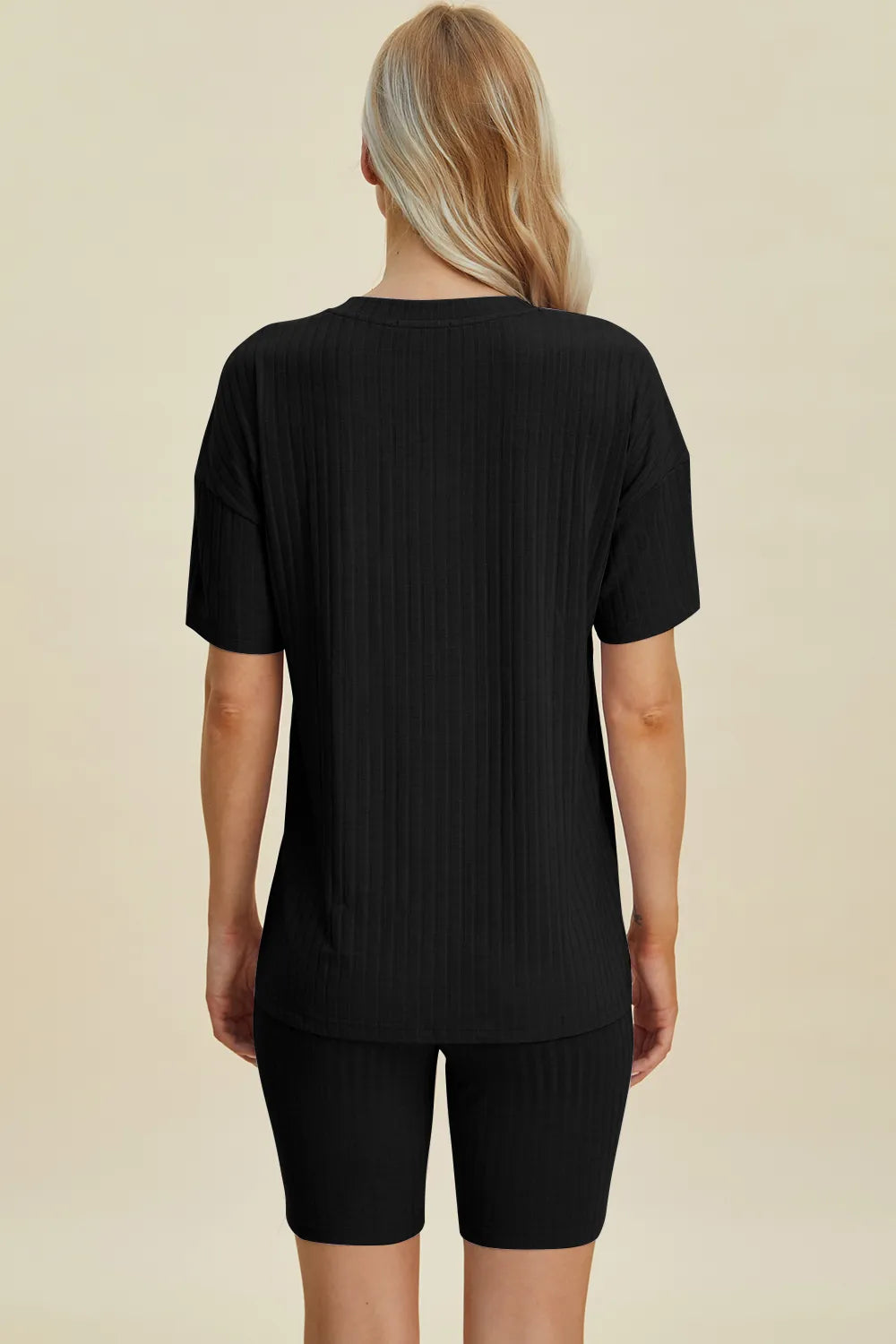 Ribbed v-neck short sleeve top and matching shorts set, black, back view