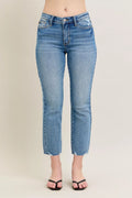 Judy Blue medium-wash kick flare jeans with frayed destroy hem