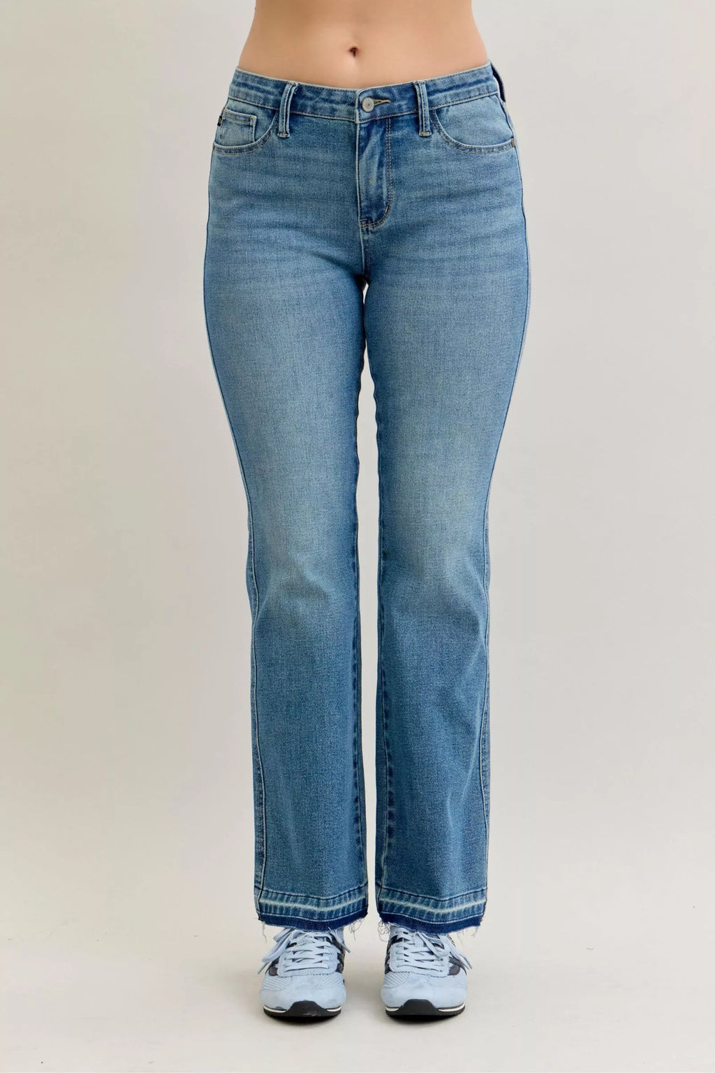 Mid rise slim bootcut jeans, light blue denim wash, classic front and belt loops