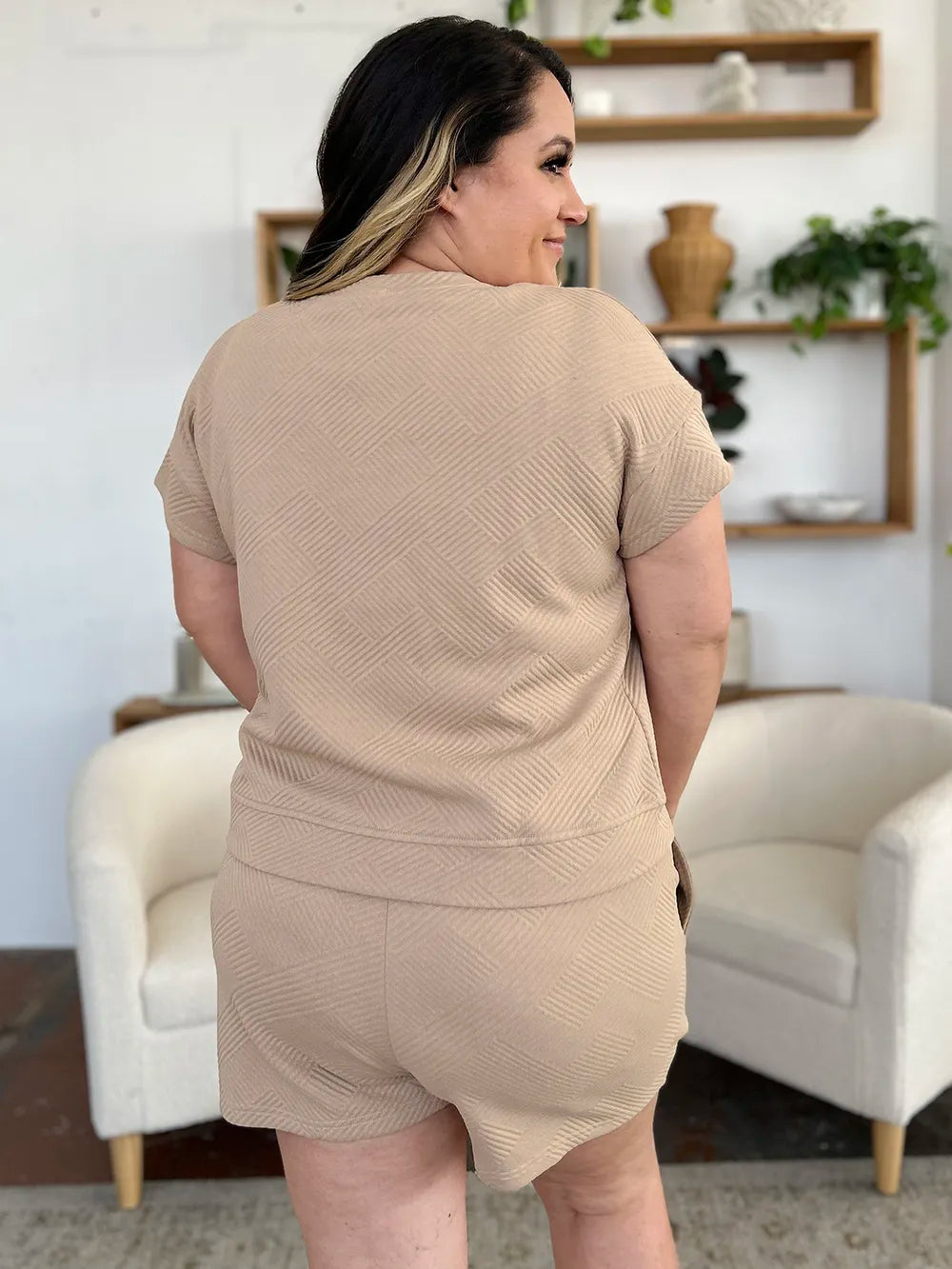 Taupe textured T-shirt & drawstring shorts set, back view, short sleeves