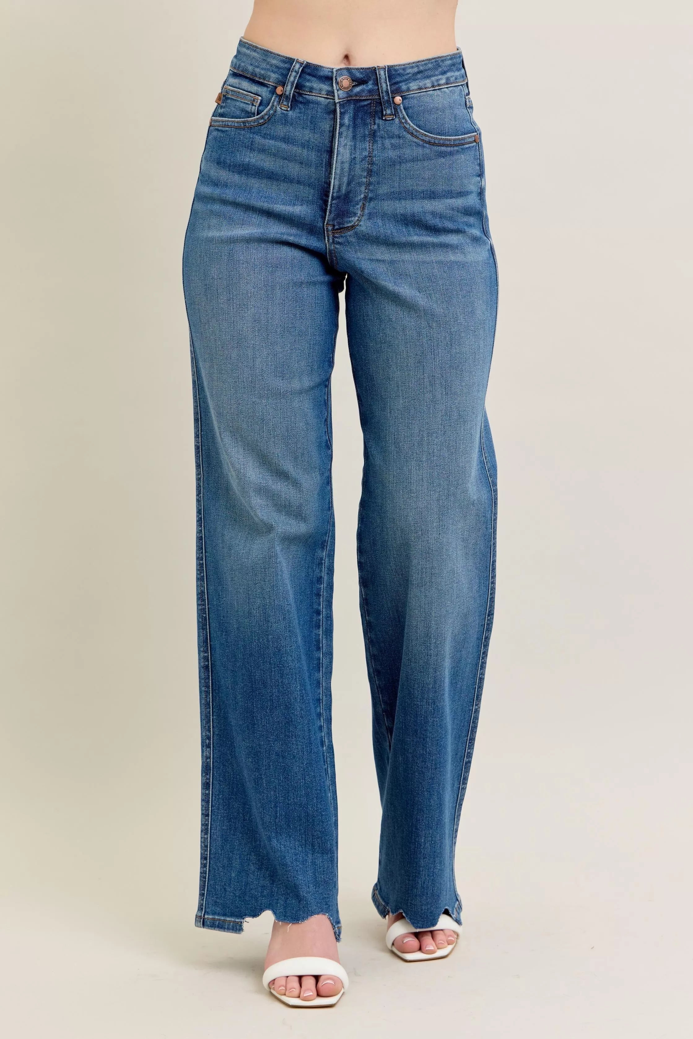 High-waist wide-leg jeans in medium wash with raw frayed hem