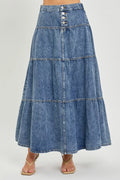 High-rise denim skirt with tiered ruffle panels and button-front waistband, medium wash