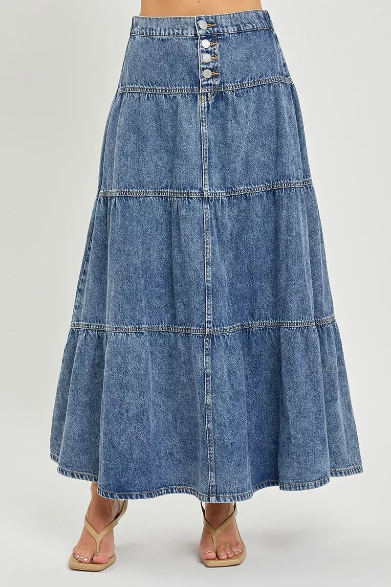High-rise denim skirt with tiered ruffle panels and button-front waistband, medium wash