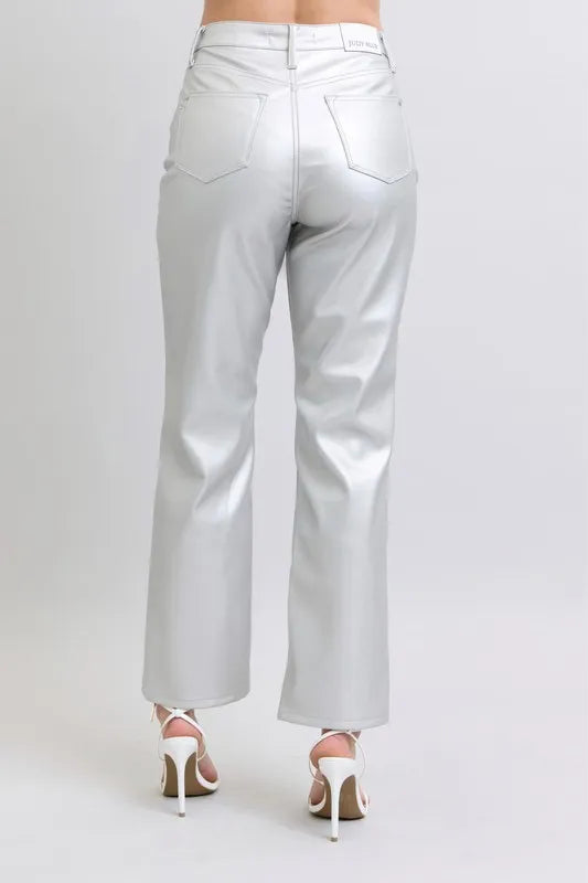 High-waist metallic faux leather pants with back yoke and straight wide-leg fit