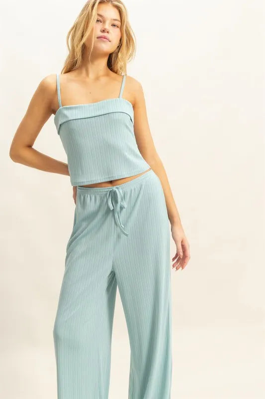 Aqua rib-knit cami with ruffle neckline and matching wide-leg pants with tie waist