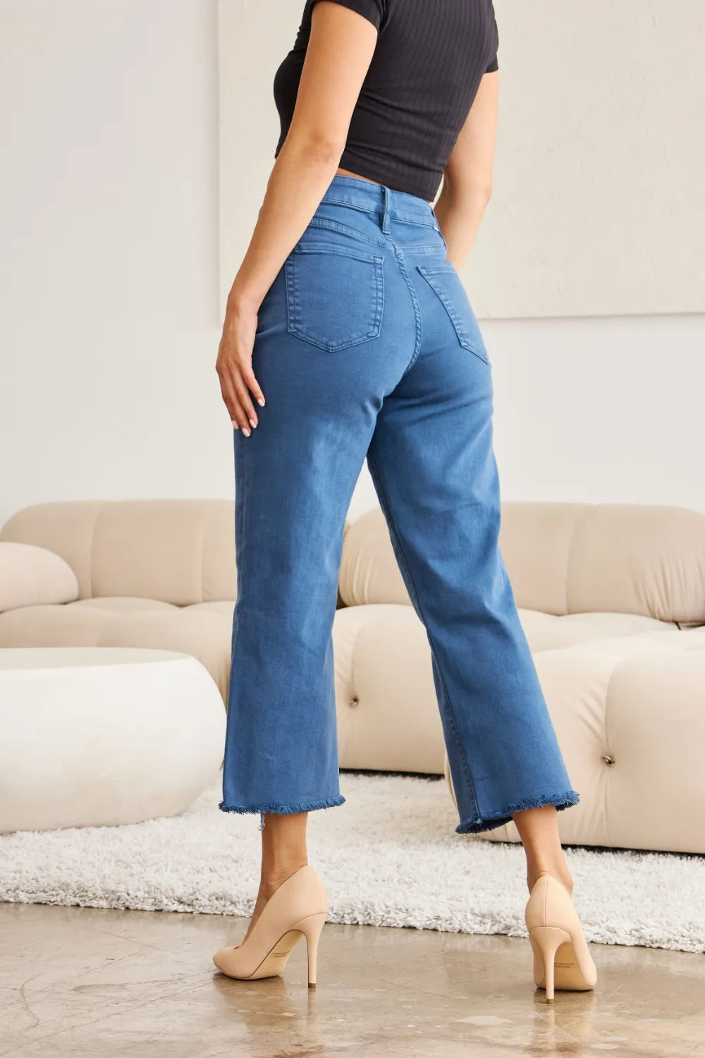 Blue Slate jeans with raw hem, straight wide leg and seam detailing